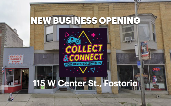 Downtown Fostoria storefront block where Collect & Connect is located